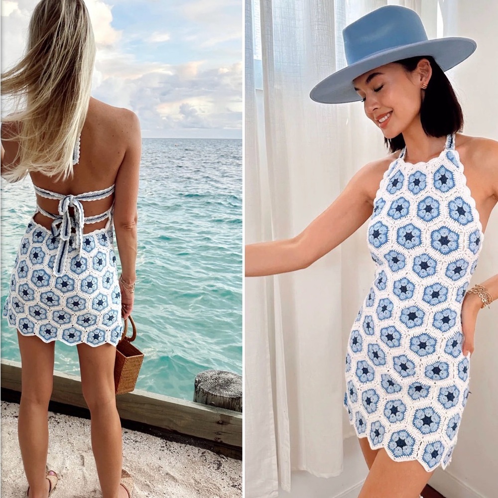 Show Me Your MuMu White & Light Blue Crochet Halter Mini dress